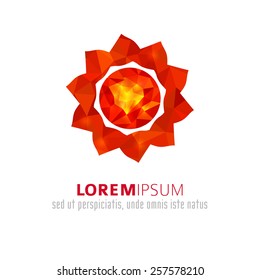 Abstract polygonal red sun. Modern conceptual element for corporate style. Template of bright warm logo. Vector creative illustration