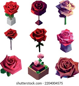 Abstract polygonal rose set. low poly illustration