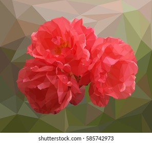 Abstract polygonal rose. Vector illustration of three red roses in low poly style on background. Picture of flowers made of colored triangles.
