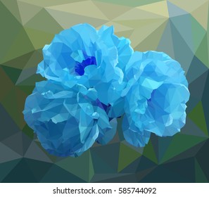 Abstract polygonal rose. Vector illustration of three blue roses in low poly style on background. Picture of flowers made of colored triangles.