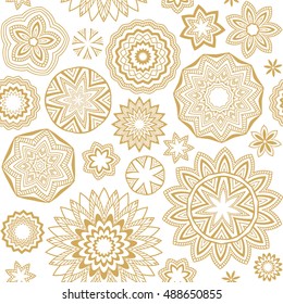 Abstract polygonal round geometric shapes pattern. Vector doodle hand drawn golden and white seamless background.