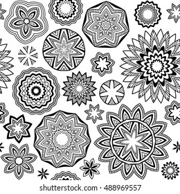 Abstract polygonal round shapes pattern. Vector geometric floral black and white seamless background. Great for zentangle and adult coloring book page.
