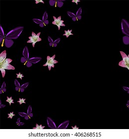 Abstract polygonal seamless pattern with flower and butterfly on the dark background, summer illustration, perfect for wall paper and interior design, vector illustration