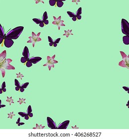 Abstract polygonal seamless pattern with flower and butterfly on the green background, summer illustration, perfect for wall paper and interior design, vector illustration