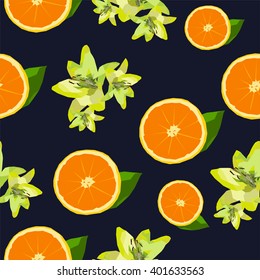 Abstract polygonal seamless pattern with slices of orange and lilies on the blue background