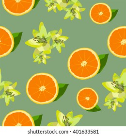 Abstract polygonal seamless pattern with slices of orange and lilies on the green background