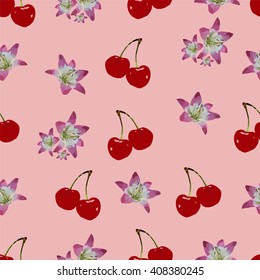 Abstract polygonal seamless texture, image with lily and cherry, summer pattern on the yellow background, illustration with pink flowers and red cherries, vector illustration
