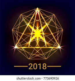 Abstract polygonal shape on a dark mesh background. Vector illustration. Design for 2018 Happy New Year  card.