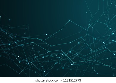 Abstract polygonal shapes. Background with connecting dots and lines. Futuristic molecules on dark background. The technology concept illustration