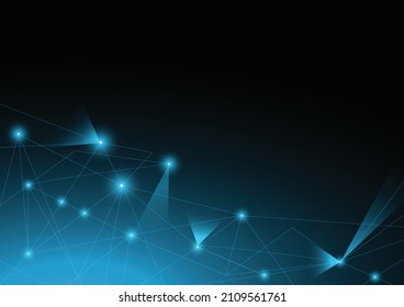 Abstract polygonal shapes and dot connection, futuristic technology graphic design on blue background. Vector illustration.
