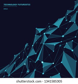 Abstract polygonal shapes on dark blue perspective background consisting of lines and points in the form of planets and constellations technology concept. Digital internet connection. Vector