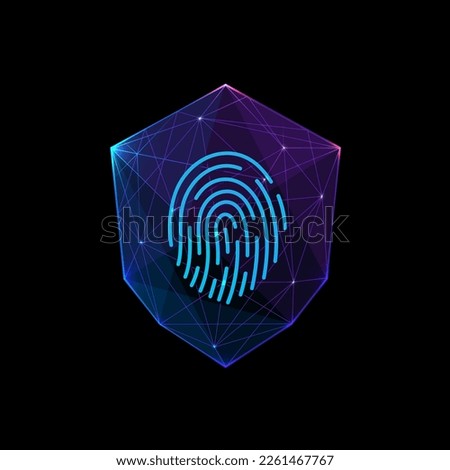 Abstract polygonal Shield with finger print. Insurance and assurance concept. Futuristic polygonal illustration isolated on blue background. Digital neon technology sign.