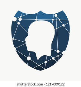 Abstract polygonal shield with human head silhouette. Blue gradient. Antivirus concept. Connected lines with dots. Binary code on backdrop