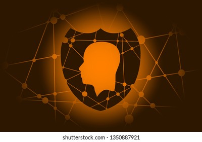 Abstract polygonal shield with human head silhouette. Blue gradient. Antivirus concept. Connected lines with dots. Binary code on backdrop