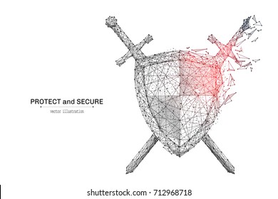 Abstract polygonal Shield and Swords isolated on white background. Low poly wireframe vector illustration. Protect and secure concept digital concept mash line and point with destruct shapes.