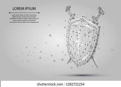 Abstract polygonal Shield and Swords. Low poly wireframe vector illustration. Protect and secure digital concept mash line and point.