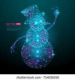 Abstract polygonal snowman with texture of starry sky or space universe. Vector illustration consisting of polygons, points and lines isolated on dark blue background
