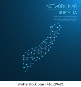 Abstract polygonal Somalia network map design with glowing dots and lines. Map of Somalia networks. Vector illustration.