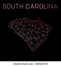 Abstract polygonal South Carolina network map design with wired lines and dots. Map of South Carolina network connections. Vector illustration.