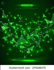 Abstract polygonal space background with connecting dots and lines. Vector illustration. Green shining technology scientific backdrop.