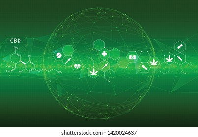 Abstract polygonal space low poly earth  wave beam with connecting dots and lines. Cardio cannabis medical green background design.