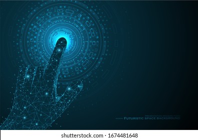  Espacio polígonal abstracto. La realidad virtual está tocando la pantalla electrónica. Tecnologías futuristas del futuro. Concepto gráfico para su diseño