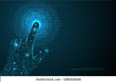  Abstrakter polygonaler Raum. Virtuelle Realität berührt die elektronische Anzeige. Futuristische Technologien der Zukunft. Grafisches Konzept für Ihr Design