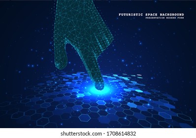 Abstract polygonal space. Virtual reality is touching to electronic display. Futuristic technologies of the future. Graphic concept for your design