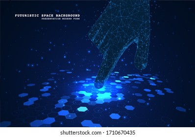 Abstract polygonal space. Virtual reality is touching to electronic display. Futuristic technologies of the future. Graphic concept for your design