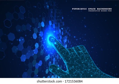 Abstract polygonal space. Virtual reality is touching to electronic display. Futuristic technologies of the future. Graphic concept for your design