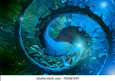 Abstract polygonal spiral composition on blue tone background art