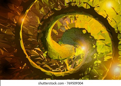 Abstract polygonal spiral composition on yellow and gold color tone art background