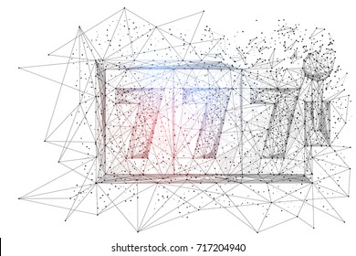 Abstract polygonal success gaming illustration isolated on white background. Low poly wire frame vector slot machine with jackpot win. Digital concept mash line and point with destruct shapes.