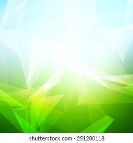 Abstract polygonal summer time low poly bright background with connecting dots and lines.  Vector illustration of a glowing summer time background.