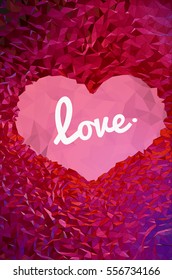 Abstract polygonal symbol heart shape with text on red and pink background for valentine greeting