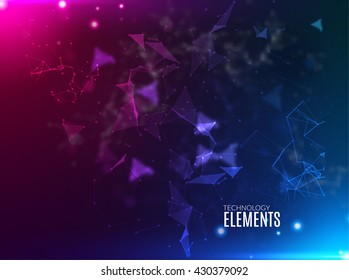 Abstract polygonal techno background. Futuristic style card. Business presentations. Lines, point, planes in 3d space. Cybernetic dots, creative banner