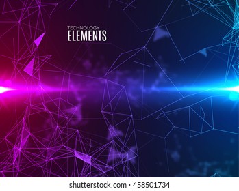 Abstract polygonal techno background. Futuristic style card. Business presentation template. Lines, point, planes in 3d space. Cybernetic dots, creative banner
