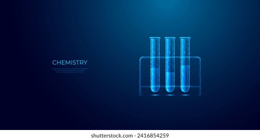 Abstract polygonal test tube rack in futuristic technology style on blue background. Chemical laboratory poly icon. Science and chemistry concept. Glass lab flask for medicine. 3D vector illustration.