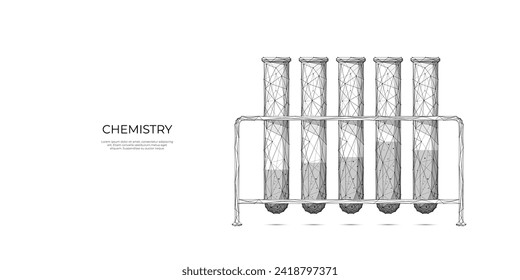 Abstraktes polygonales Testrohr-Rack einzeln auf weißem Hintergrund. Chemisches Labor mit Low-Poly-Skizze. Konzept der Wissenschaft und Chemie. Glaslasche für die Medizin. Polygonale 3D-Vektorgrafik.