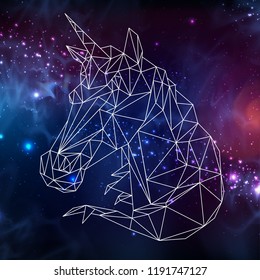 Abstract polygonal tirangle fantasy animal unicorn on open space background. Hipster animal illustration.