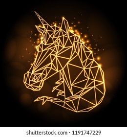 Abstract polygonal tirangle fantasy animal unicorn neon sign. Hipster animal illustration.