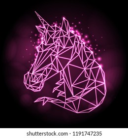 Abstract polygonal tirangle fantasy animal unicorn neon sign. Hipster animal illustration.