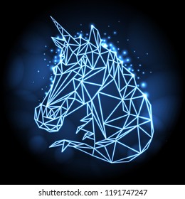 Abstract polygonal tirangle fantasy animal unicorn neon sign. Hipster animal illustration.