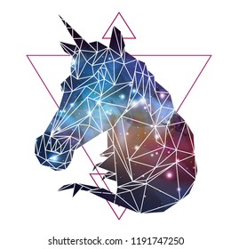 Abstract polygonal tirangle fantasy animal unicorn on open space background. Hipster animal illustration.