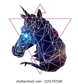 Abstract polygonal tirangle fantasy animal unicorn on open space background. Hipster animal illustration.