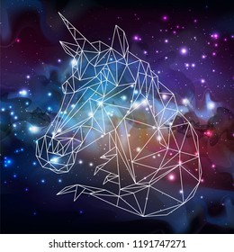 Abstract polygonal tirangle fantasy animal unicorn on open space background. Hipster animal illustration.