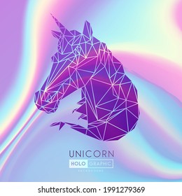 Abstract polygonal tirangle unicorn silhouette on Holographic fluid background