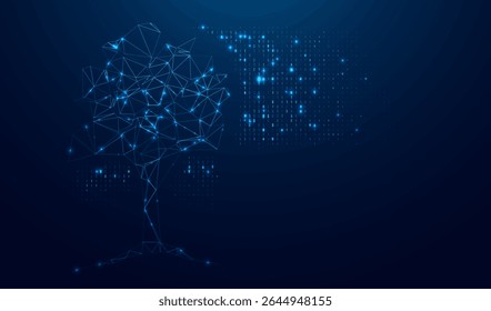 Inovação de árvore poligonal abstrata com código digital. Luzes brilhantes de poeira estelar. Estilo futurista poligonal. Conceito gráfico para seu design