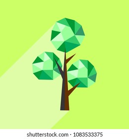 Abstract polygonal  tree with long shadow on color background. Tree low poly - elements for icons or banners.