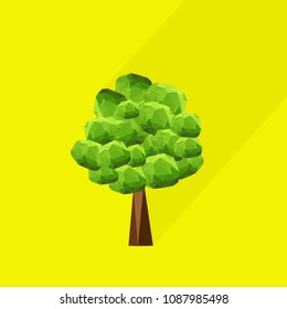 Abstract polygonal tree with long shadow on color background. Tree low poly - elements for icons or banners.